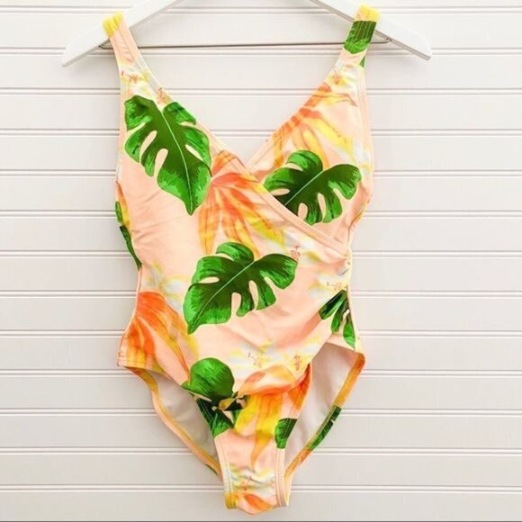 Palm Tree Print Swim One Piece Surplice V-Neck Wrap Ruched Bathing Suit size 6 - Picture 1 of 11